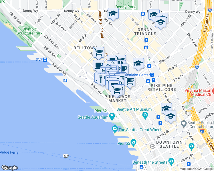map of restaurants, bars, coffee shops, grocery stores, and more near 2016 1st Avenue in Seattle