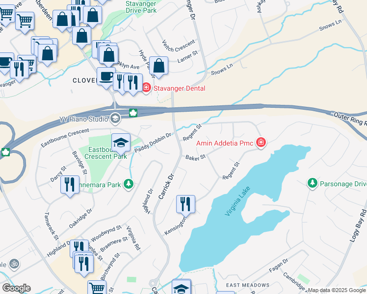 map of restaurants, bars, coffee shops, grocery stores, and more near 148 Carrick Drive in St. John's