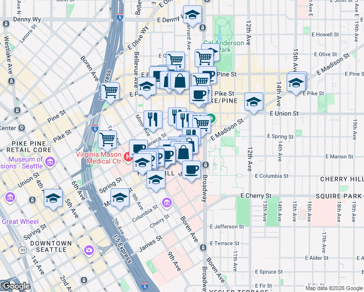 map of restaurants, bars, coffee shops, grocery stores, and more near 1301 Spring Street in Seattle