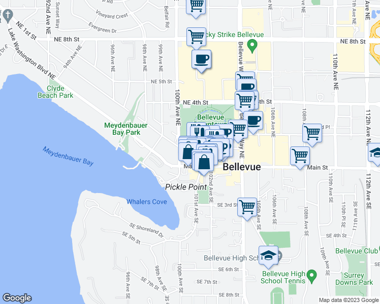 map of restaurants, bars, coffee shops, grocery stores, and more near 100 100th Avenue Northeast in Bellevue