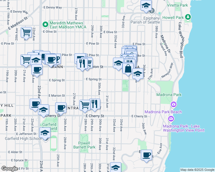 map of restaurants, bars, coffee shops, grocery stores, and more near 3105 East Spring Street in Seattle