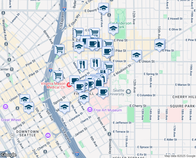 map of restaurants, bars, coffee shops, grocery stores, and more near 1116 Summit Avenue in Seattle