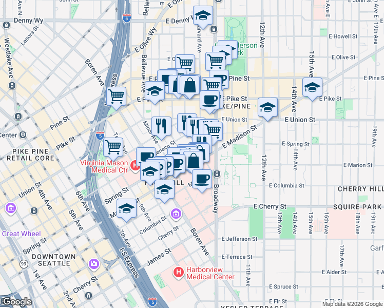 map of restaurants, bars, coffee shops, grocery stores, and more near 1115 Boylston Avenue in Seattle