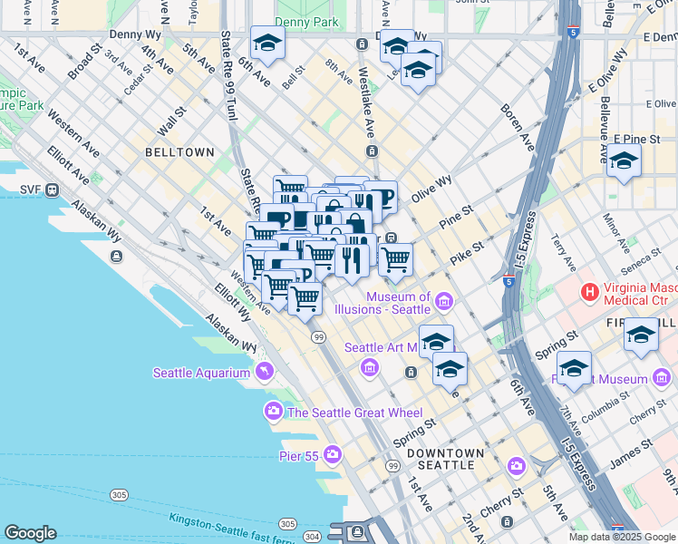 map of restaurants, bars, coffee shops, grocery stores, and more near in Seattle