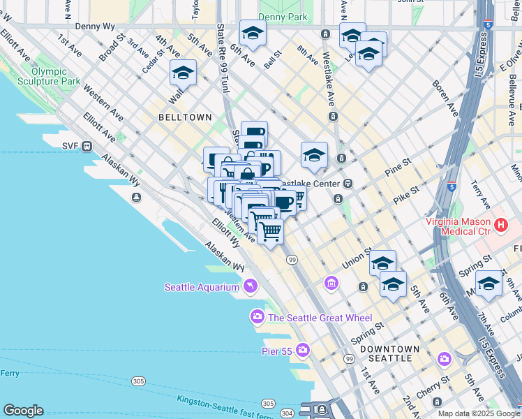 map of restaurants, bars, coffee shops, grocery stores, and more near 2016 1st Avenue in Seattle