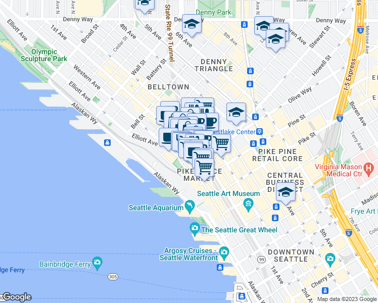 map of restaurants, bars, coffee shops, grocery stores, and more near 2016 1st Avenue in Seattle