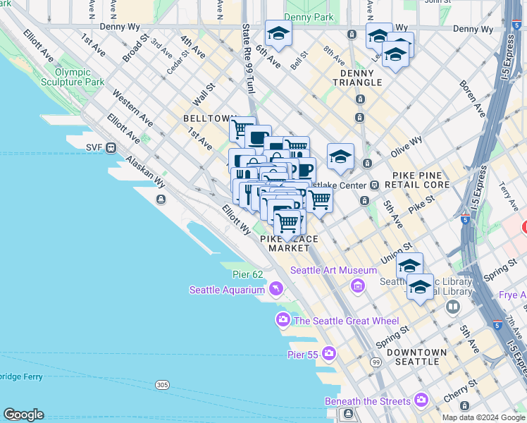 map of restaurants, bars, coffee shops, grocery stores, and more near 2016 1st Avenue in Seattle