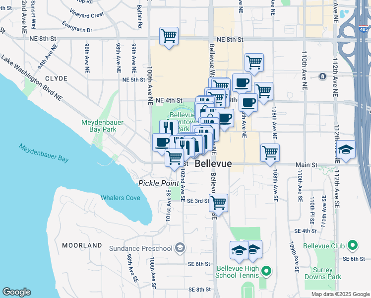 map of restaurants, bars, coffee shops, grocery stores, and more near 88 102nd Avenue Northeast in Bellevue