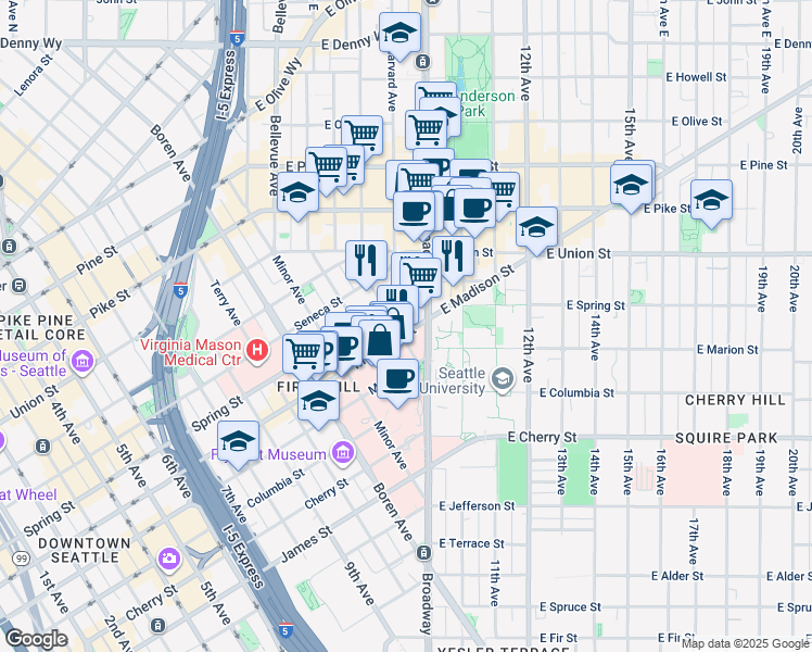 map of restaurants, bars, coffee shops, grocery stores, and more near 1401 Spring Street in Seattle