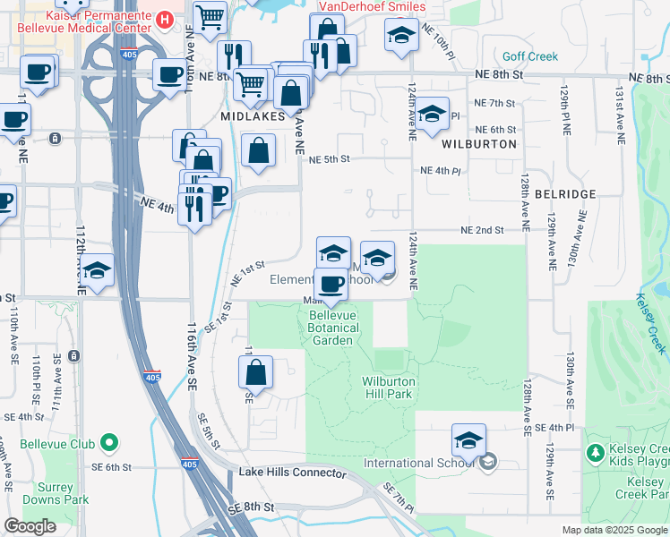 map of restaurants, bars, coffee shops, grocery stores, and more near 12111 Northeast 1st Street in Bellevue