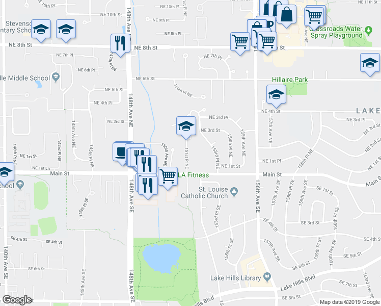 map of restaurants, bars, coffee shops, grocery stores, and more near 40 151st Place Northeast in Bellevue