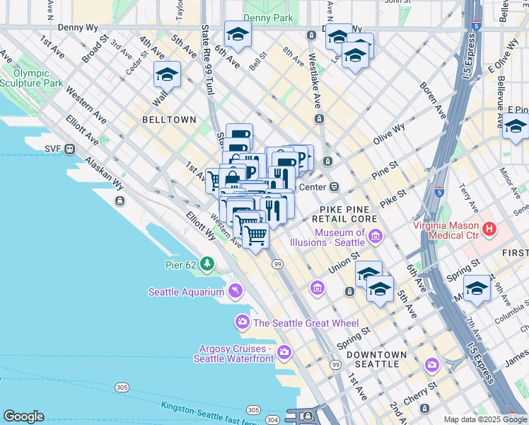 map of restaurants, bars, coffee shops, grocery stores, and more near 1915 2nd Avenue in Seattle