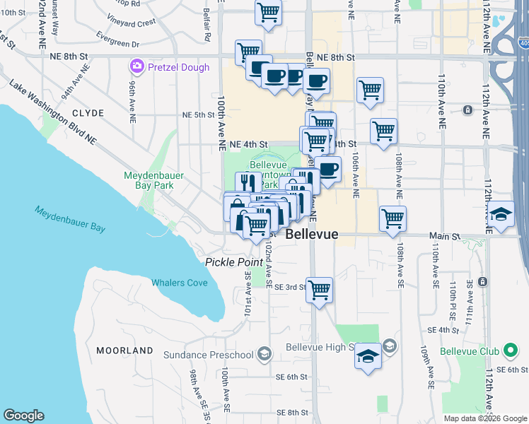 map of restaurants, bars, coffee shops, grocery stores, and more near 75 102nd Avenue Northeast in Bellevue