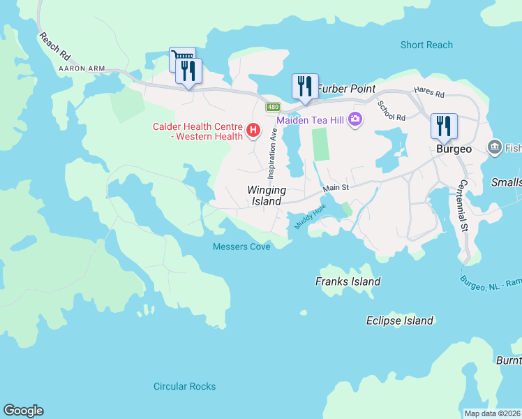 map of restaurants, bars, coffee shops, grocery stores, and more near 26 Inspiration Road in Burgeo