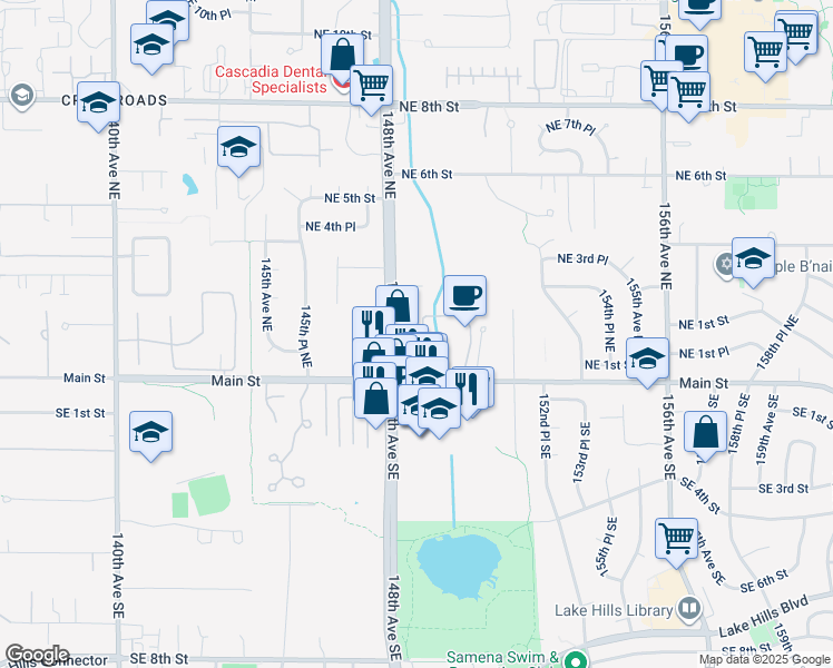 map of restaurants, bars, coffee shops, grocery stores, and more near 240 148th Avenue Northeast in Bellevue