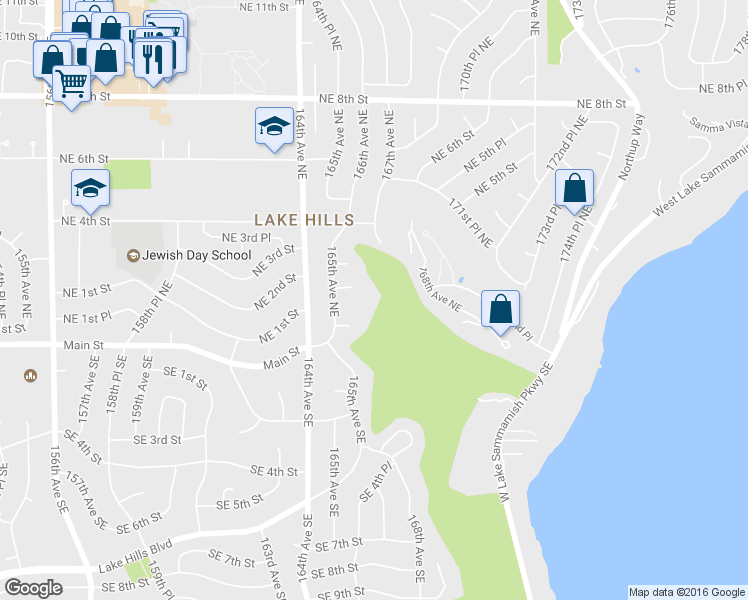 map of restaurants, bars, coffee shops, grocery stores, and more near 16521 Northeast 1st Place in Bellevue