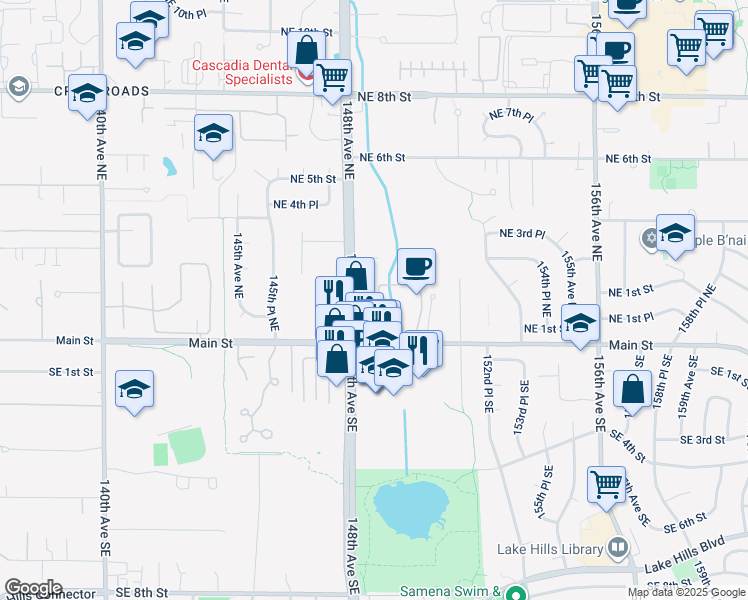 map of restaurants, bars, coffee shops, grocery stores, and more near 240 148th Avenue Northeast in Bellevue