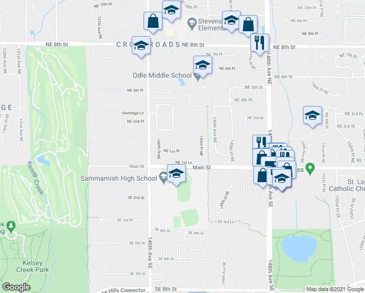 map of restaurants, bars, coffee shops, grocery stores, and more near 182 141st Place Northeast in Bellevue
