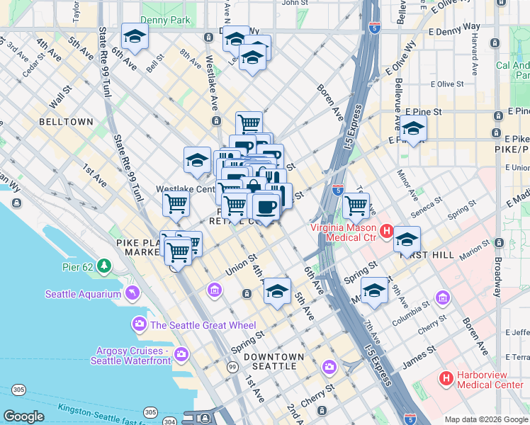map of restaurants, bars, coffee shops, grocery stores, and more near 520 Pike Street in Seattle