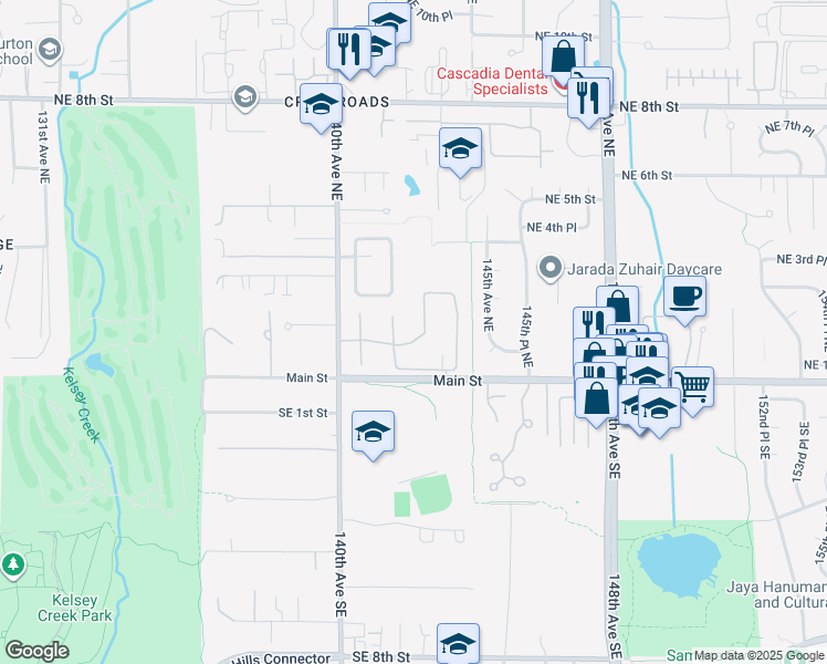 map of restaurants, bars, coffee shops, grocery stores, and more near 182 141st Place Northeast in Bellevue