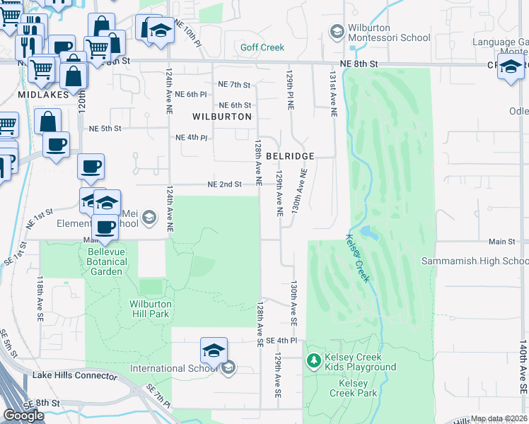 map of restaurants, bars, coffee shops, grocery stores, and more near 136 128th Avenue Northeast in Bellevue