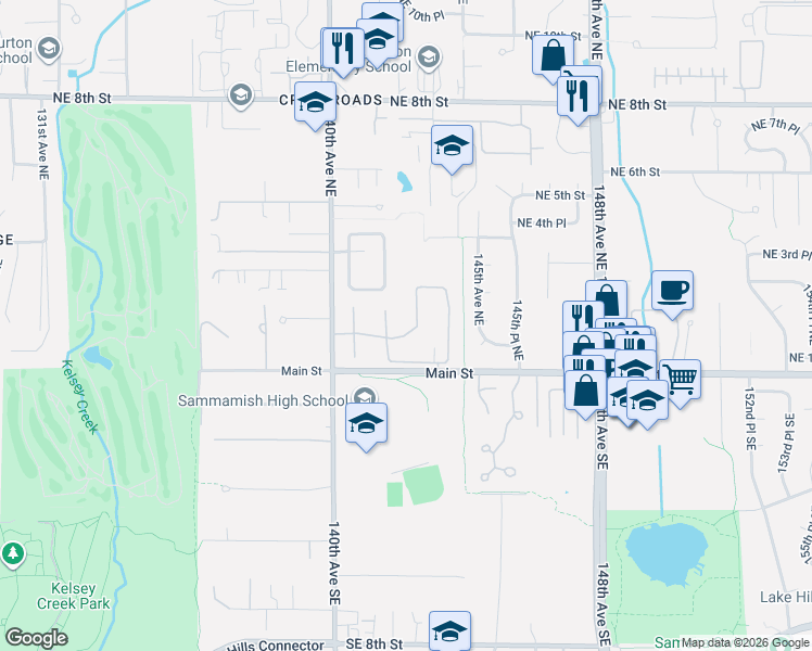 map of restaurants, bars, coffee shops, grocery stores, and more near 161 142nd Place Northeast in Bellevue