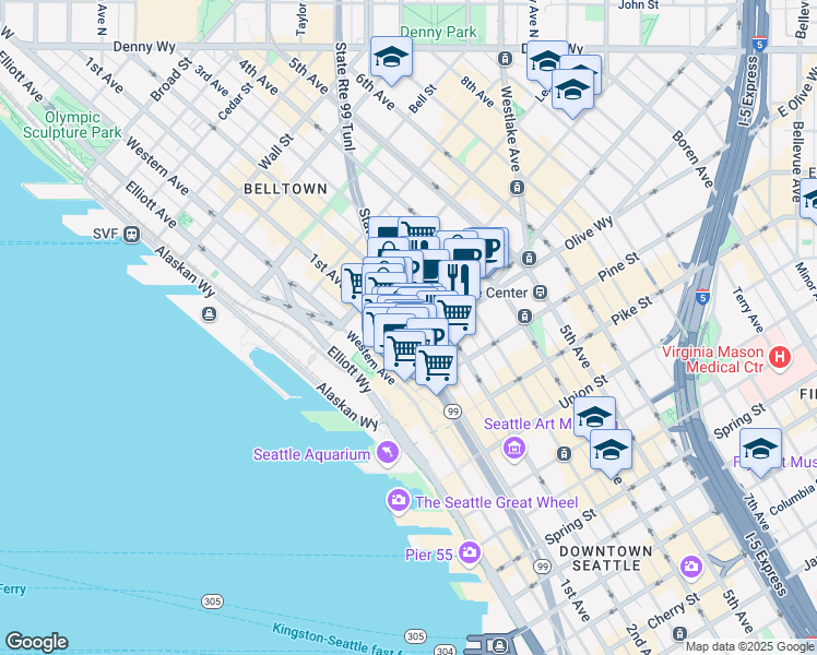map of restaurants, bars, coffee shops, grocery stores, and more near 1931 2nd Avenue in Seattle