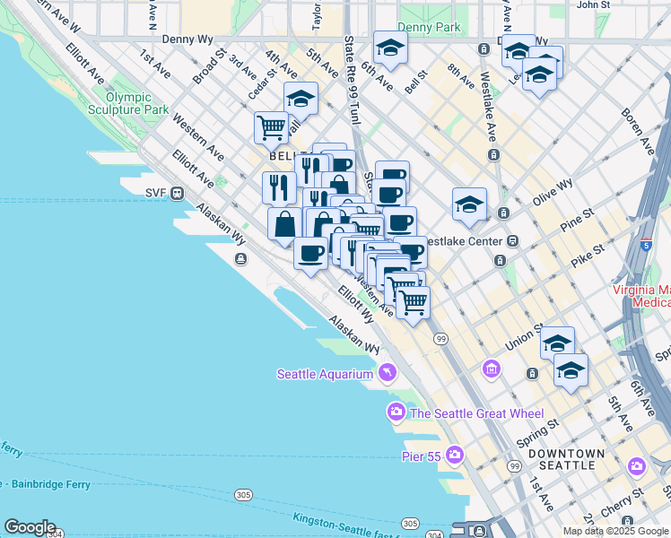 map of restaurants, bars, coffee shops, grocery stores, and more near 2125 Western Avenue in Seattle
