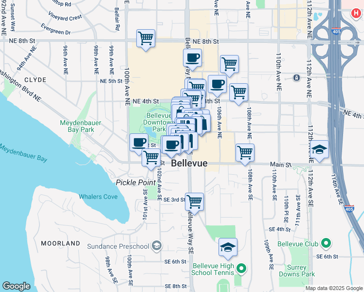 map of restaurants, bars, coffee shops, grocery stores, and more near 10333 Northeast 1st Street in Bellevue