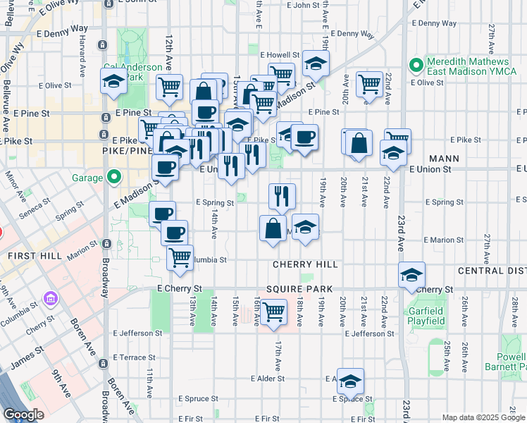 map of restaurants, bars, coffee shops, grocery stores, and more near 932 16th Avenue in Seattle