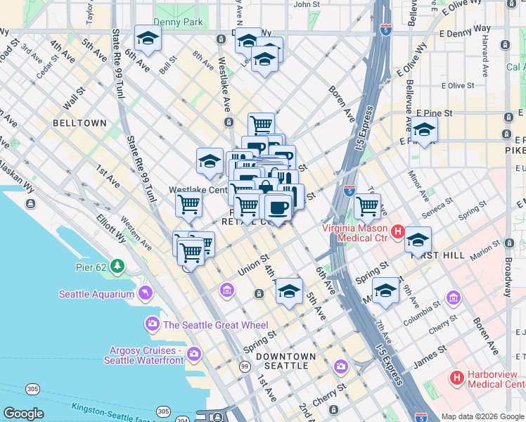 map of restaurants, bars, coffee shops, grocery stores, and more near 500 Pine Street in Seattle