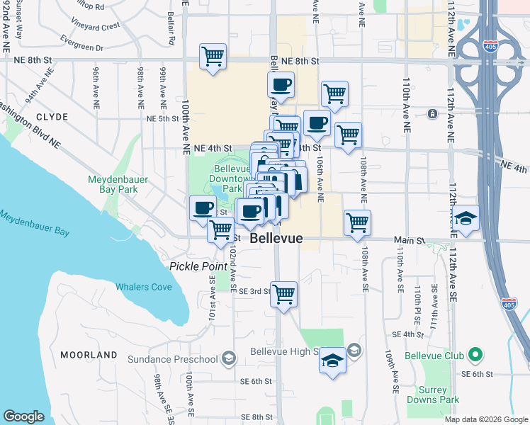 map of restaurants, bars, coffee shops, grocery stores, and more near 103 Bellevue Way Northeast in Bellevue