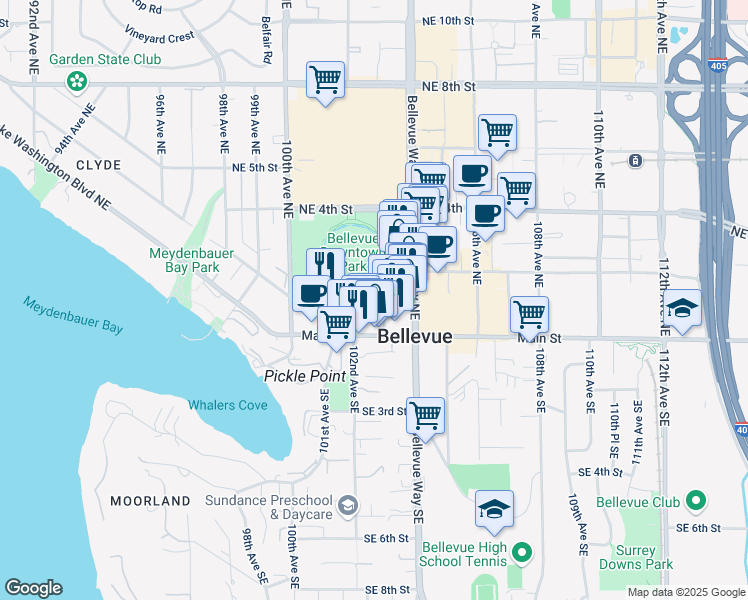 map of restaurants, bars, coffee shops, grocery stores, and more near 114 102nd Avenue Northeast in Bellevue