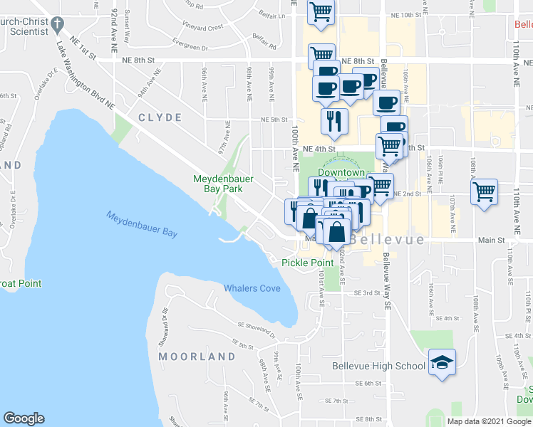 map of restaurants, bars, coffee shops, grocery stores, and more near 9913 Northeast 1st Street in Bellevue