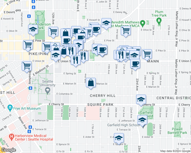 map of restaurants, bars, coffee shops, grocery stores, and more near 940 17th Avenue in Seattle