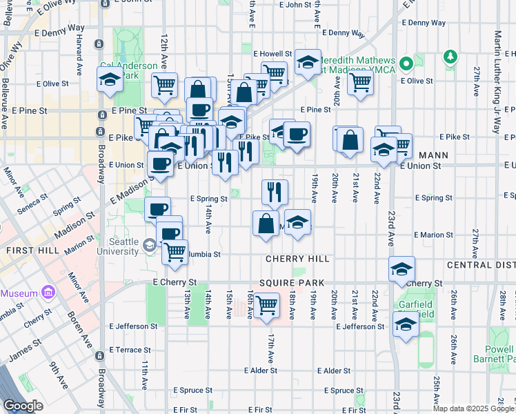 map of restaurants, bars, coffee shops, grocery stores, and more near 932 16th Avenue in Seattle