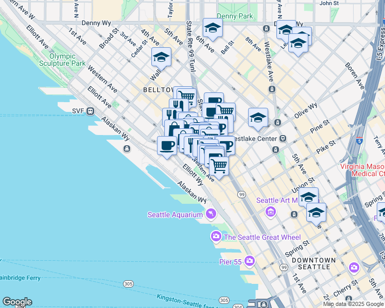 map of restaurants, bars, coffee shops, grocery stores, and more near 88 Lenora Street in Seattle