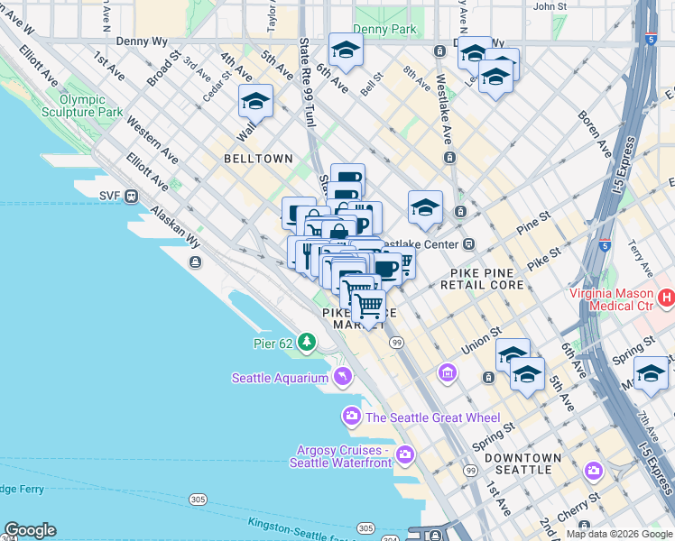 map of restaurants, bars, coffee shops, grocery stores, and more near 2016 1st Avenue in Seattle