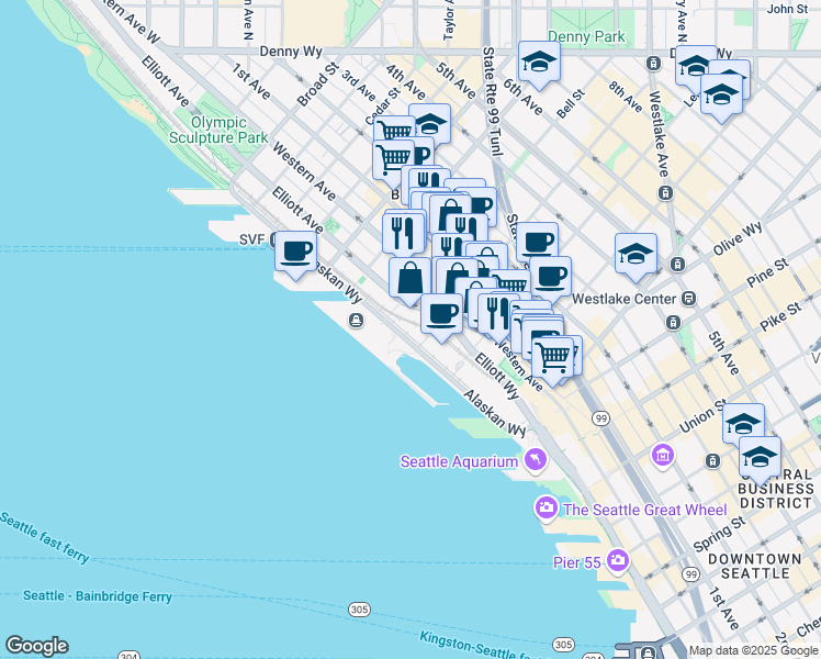 map of restaurants, bars, coffee shops, grocery stores, and more near 2211 Elliott Avenue in Seattle