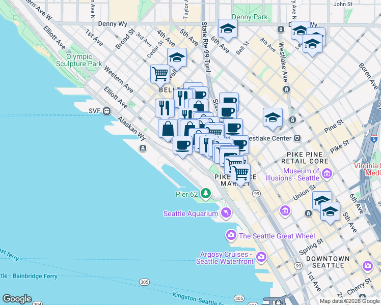 map of restaurants, bars, coffee shops, grocery stores, and more near Alaskan Way Viaduct in Seattle