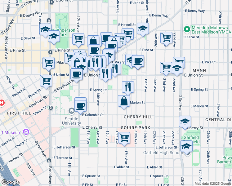 map of restaurants, bars, coffee shops, grocery stores, and more near 933 16th Avenue in Seattle