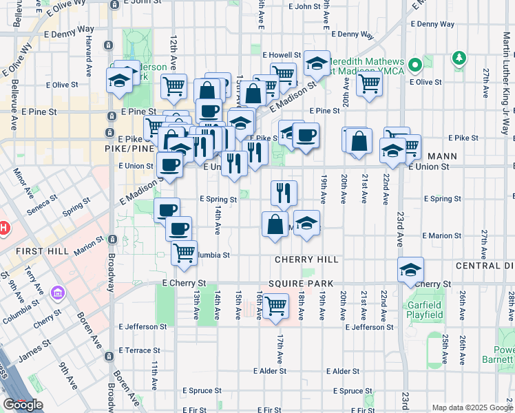 map of restaurants, bars, coffee shops, grocery stores, and more near 933 16th Avenue in Seattle