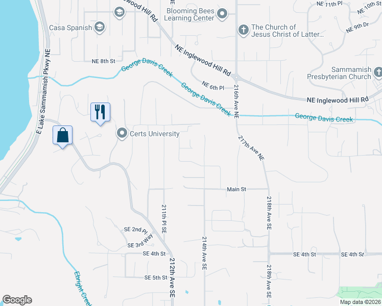 map of restaurants, bars, coffee shops, grocery stores, and more near 21355 Northeast 2nd Court in Sammamish