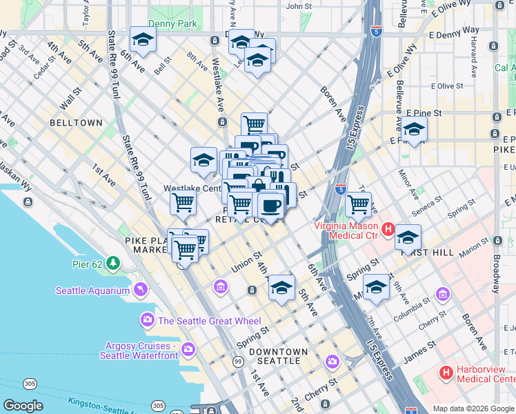 map of restaurants, bars, coffee shops, grocery stores, and more near 500 Pine Street in Seattle