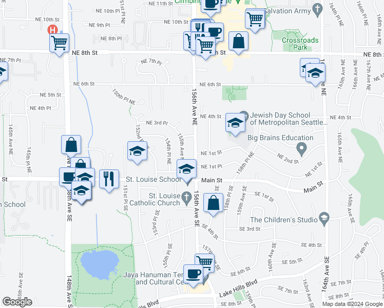 map of restaurants, bars, coffee shops, grocery stores, and more near 119 156th Avenue Northeast in Bellevue