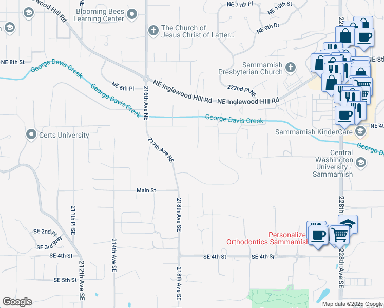 map of restaurants, bars, coffee shops, grocery stores, and more near 312 219th Avenue Northeast in Sammamish