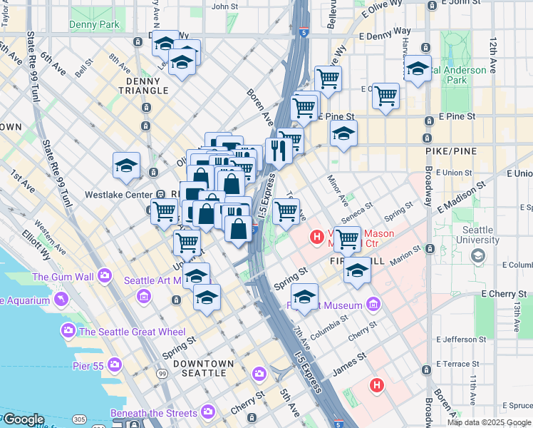 map of restaurants, bars, coffee shops, grocery stores, and more near 1373 Hubbell Place in Seattle