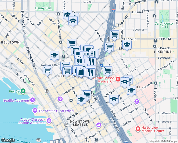 map of restaurants, bars, coffee shops, grocery stores, and more near in Seattle