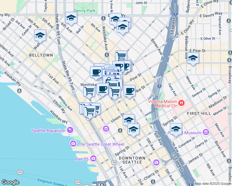 map of restaurants, bars, coffee shops, grocery stores, and more near 413 Pine Street in Seattle