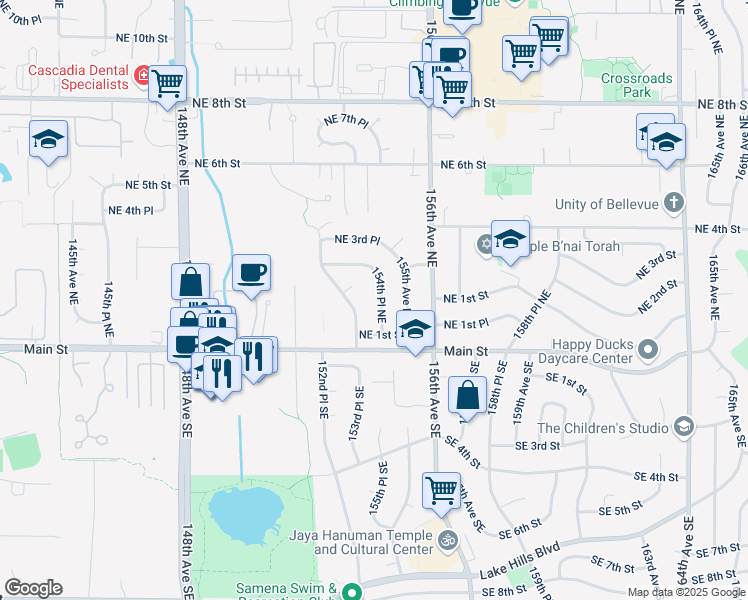 map of restaurants, bars, coffee shops, grocery stores, and more near 135 154th Place Northeast in Bellevue